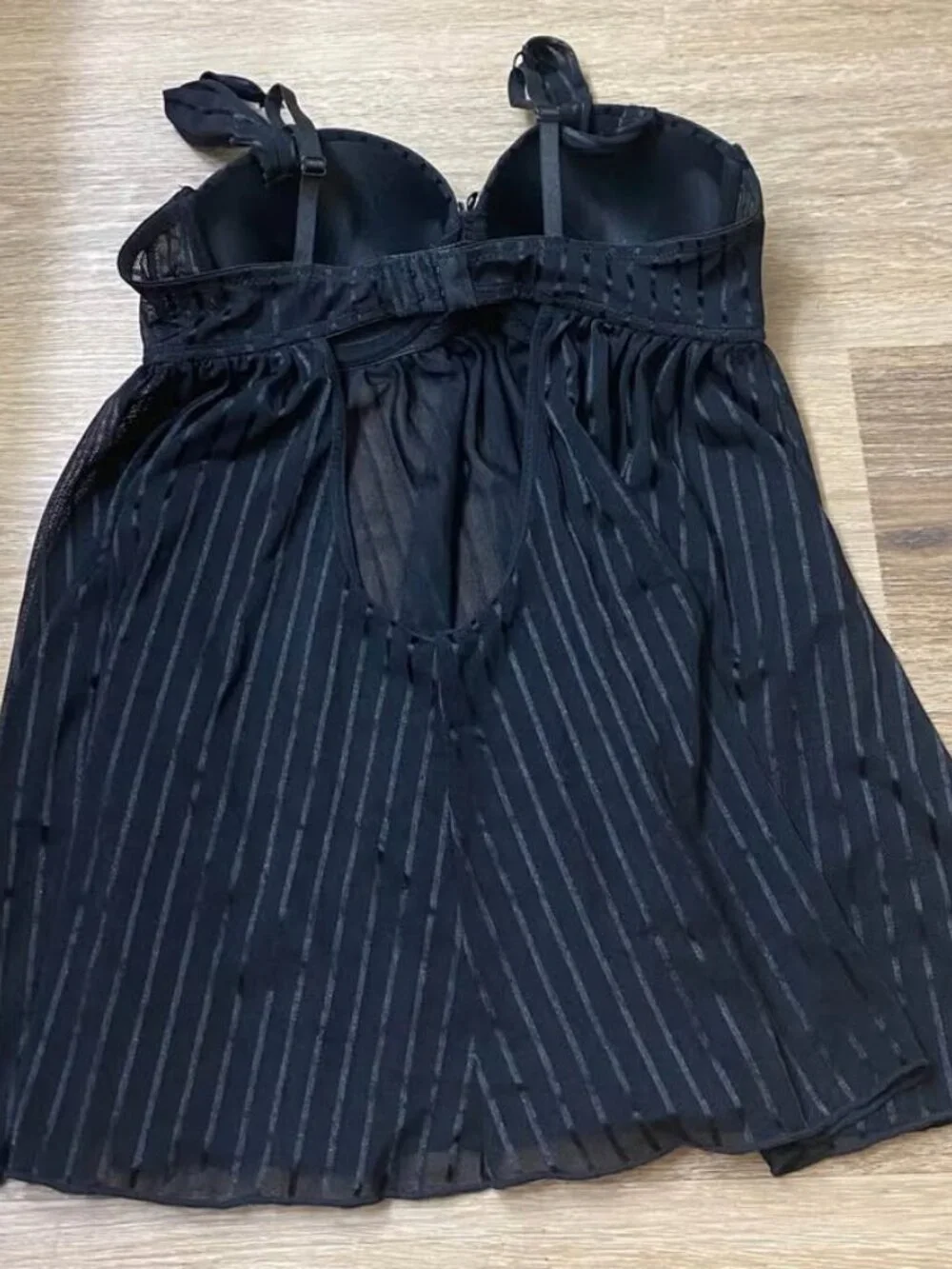 Black Pinstripe Sheer Mesh Underwire Babydoll – Size Medium